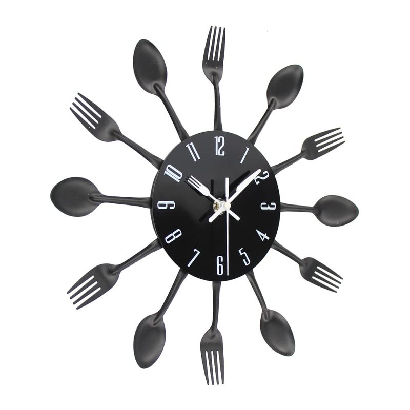 Timelike Kitchen Wall Clock, 3D Removable Modern Creative Cutlery Kitchen Spoon Fork Wall Clock Mirror Wall Decal Wall Sticker Room Home Decoration (Black) - Image 2